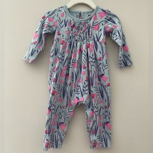 Tea long sleeve romper, blue with purple and pink floral print